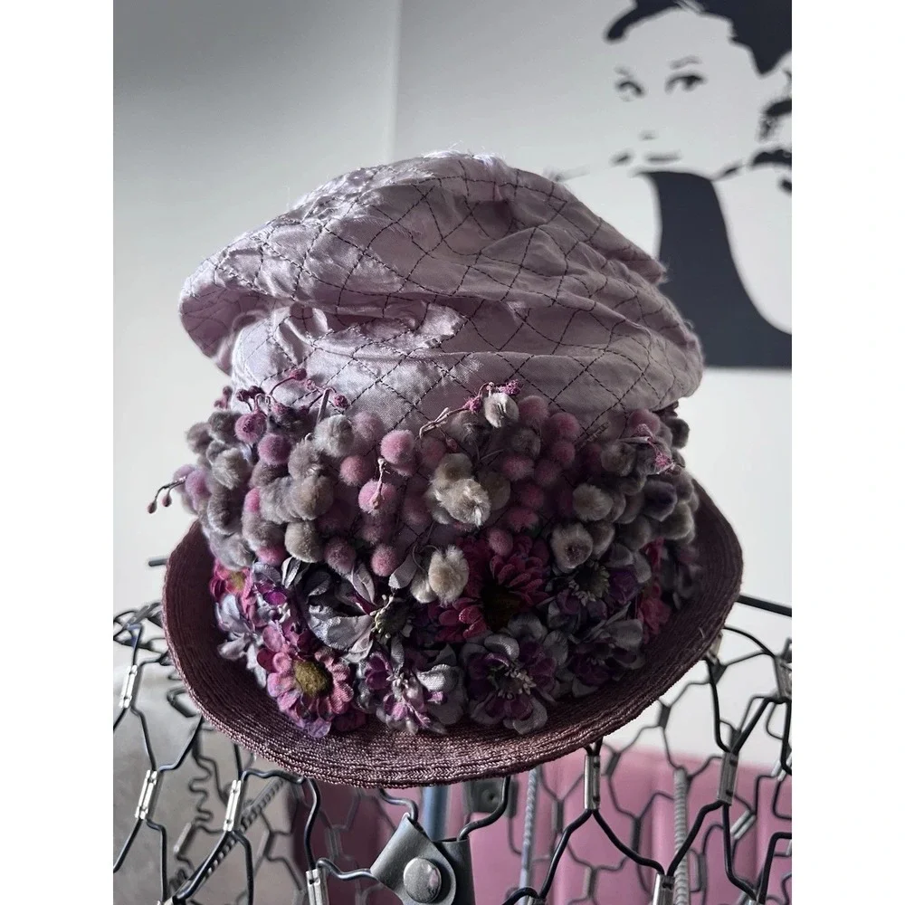 Vintage Lavender Quilted Silk Floral Toque Hat Mauve Pom Pom‎ Mid Century Style